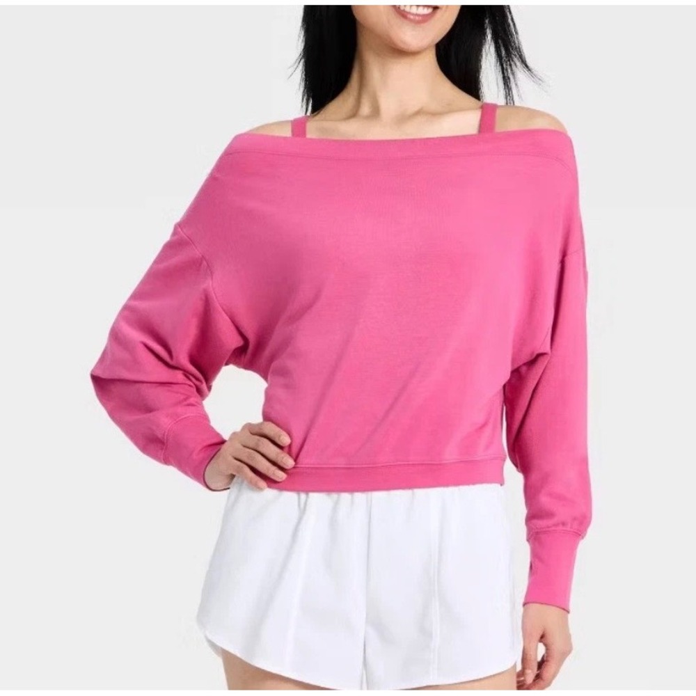 All in Motion Pink Off The Shoulder Cropped Sweatshirt Thumbholes Small - Picture 5 of 5